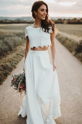 Ivory Chiffon Two Pieces Lace Top Short Sleeves Cheap Wedding Dresses